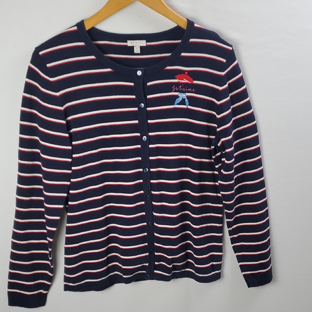 Talbots Je t'aime Embroidered Navy/Red/White Striped Cardigan Sweater French‎ M